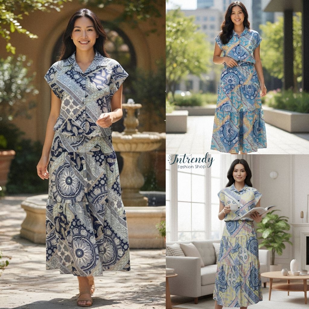 2 set ชุดเซ็ทกระโปรงลายกราฟฟิก เสื้อแขนล้ำ+กระโปรงยาว Free size 32 - 44 นิ้ว ใส่สวยเป็นผ้าไหมอิตาลี.