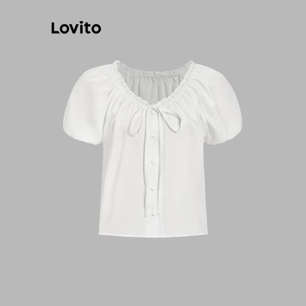 Lovito เสื้อลำลองเสื้อผูกเชือกธรรมดาสำหรับผู้หญิง