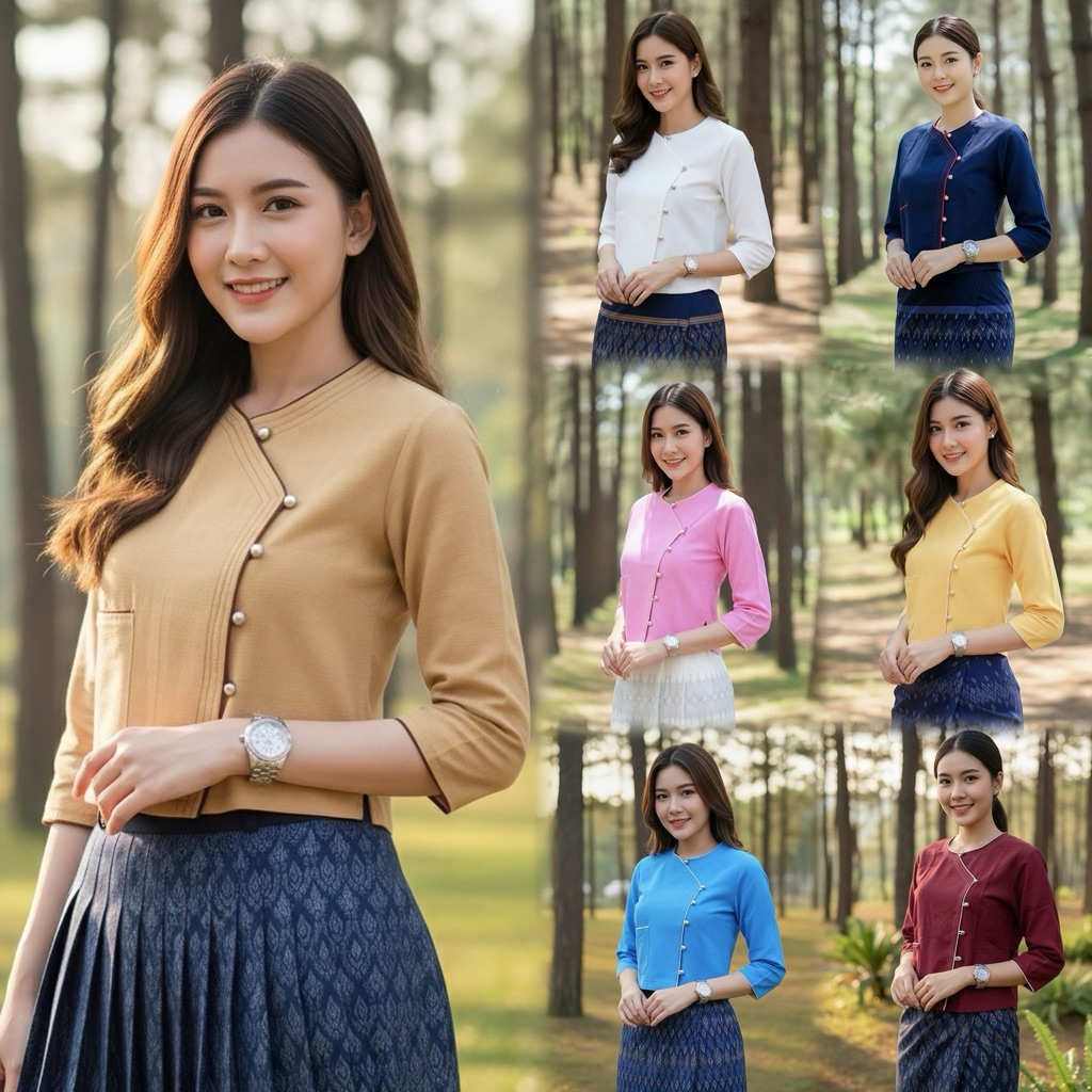 เสื้อพื้นเมืองผู้หญิงคอกลมแต่งกระเป๋าปะ