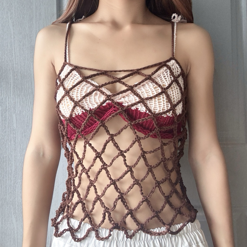 Lena Mesh shirt | เซท 2 ชิ้น บราไหมพรมผูกไหล่ + เสื้อตาข่ายคลุมบิกินี่ เลือกสีได้ค่ะ