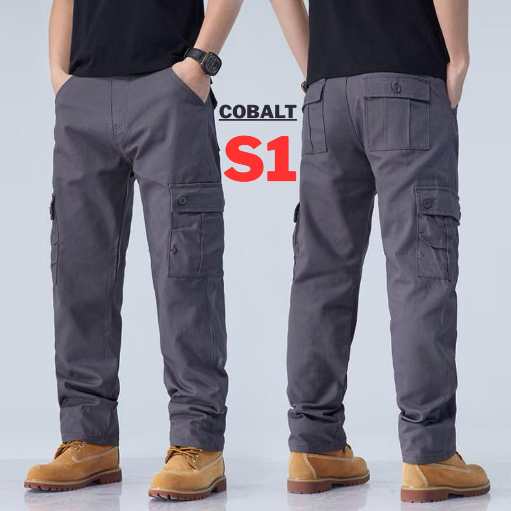 COBALT S1 กางเกงคาร์โก้ 6 กระเป๋า สีเทา ผ้าคอตตอน ผ้าหนา เอว 28-44 นิ้ว