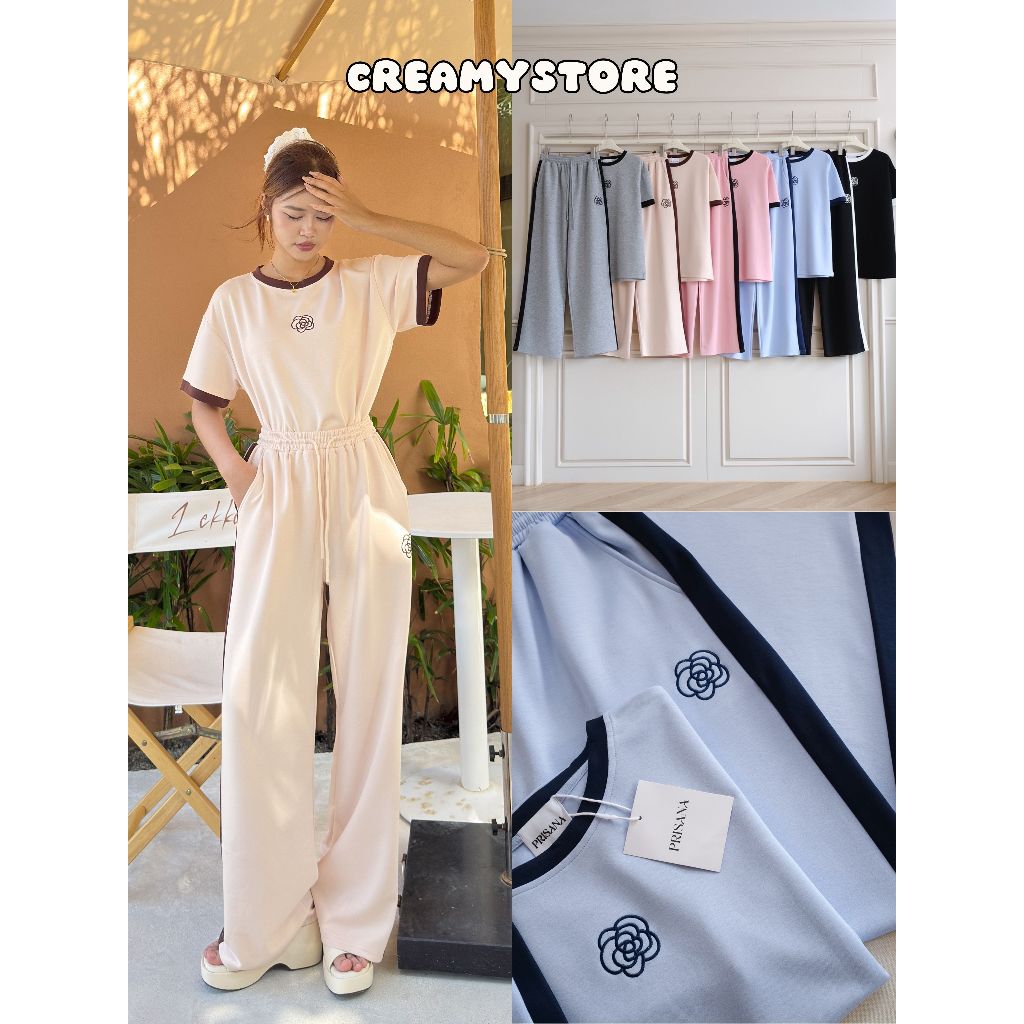 CreamyStore เซต2ชิ้น เสื้อคอกลมแขนสั้นปักดอก+กางเกงวอร์มขายาว ผ้านาโนพรีเมียม งานป้ายPrisana