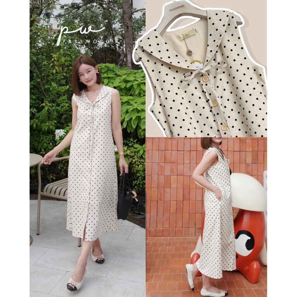 Password 6276 • เดรสผ้าลินินสีครีมลายจุดเล็ก ผ้าลินิน