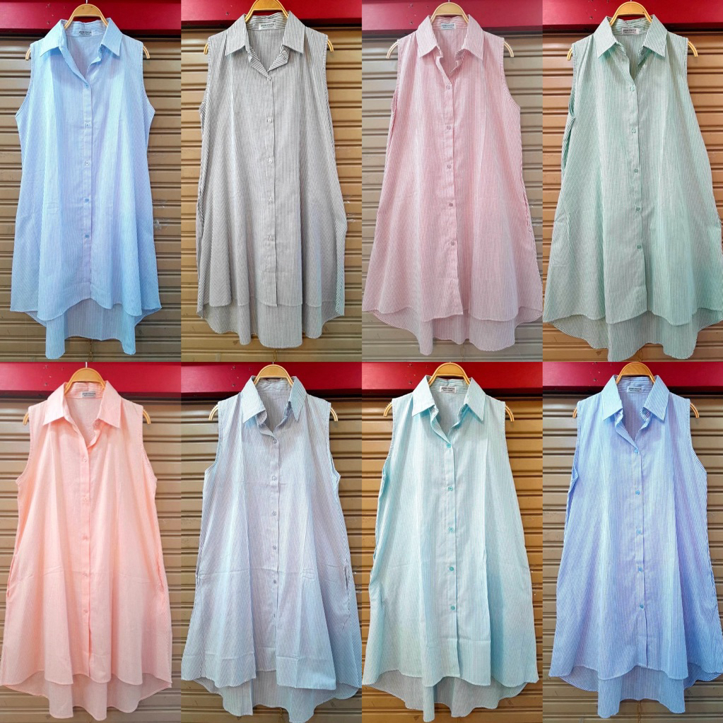 dress shirt cotton ชุดเดรสเชิ้ตผ้าคอตตอนลายริ้วทรงสวย