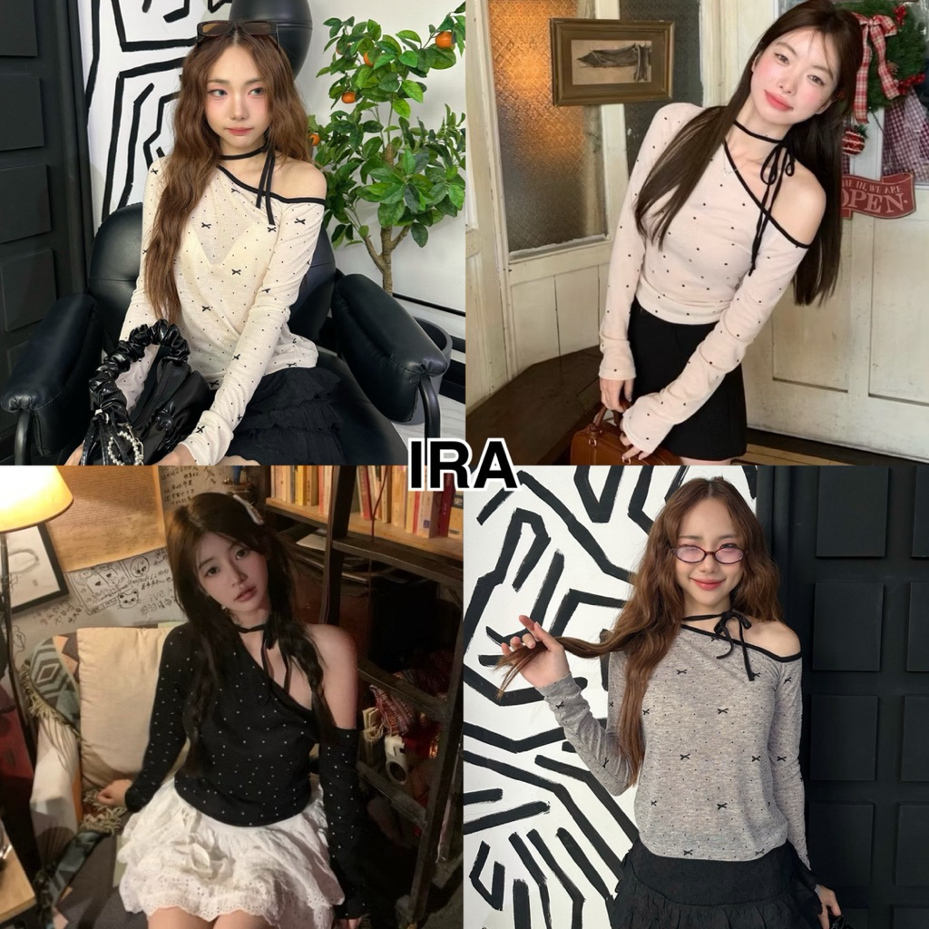 BY IRA (23209) Mindwell Top💞เสื้อยืดแขนยาวลายจุดผู้หญิงปิดไหล่กระชับสัดส่วนด้านล่างเสื้อสั้นสาวฮอต
