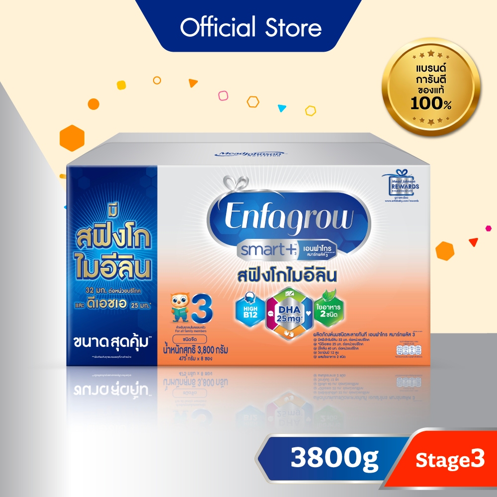 นมผง เอนฟาโกร สมาร์ทพลัส ดีเอชเอ/สฟิงโกไมอีลินมากกว่า* สูตร3 ชนิดจืด (3800 กรัม) Enfagrow Smart+ Stage3 Plain (3800 g)
