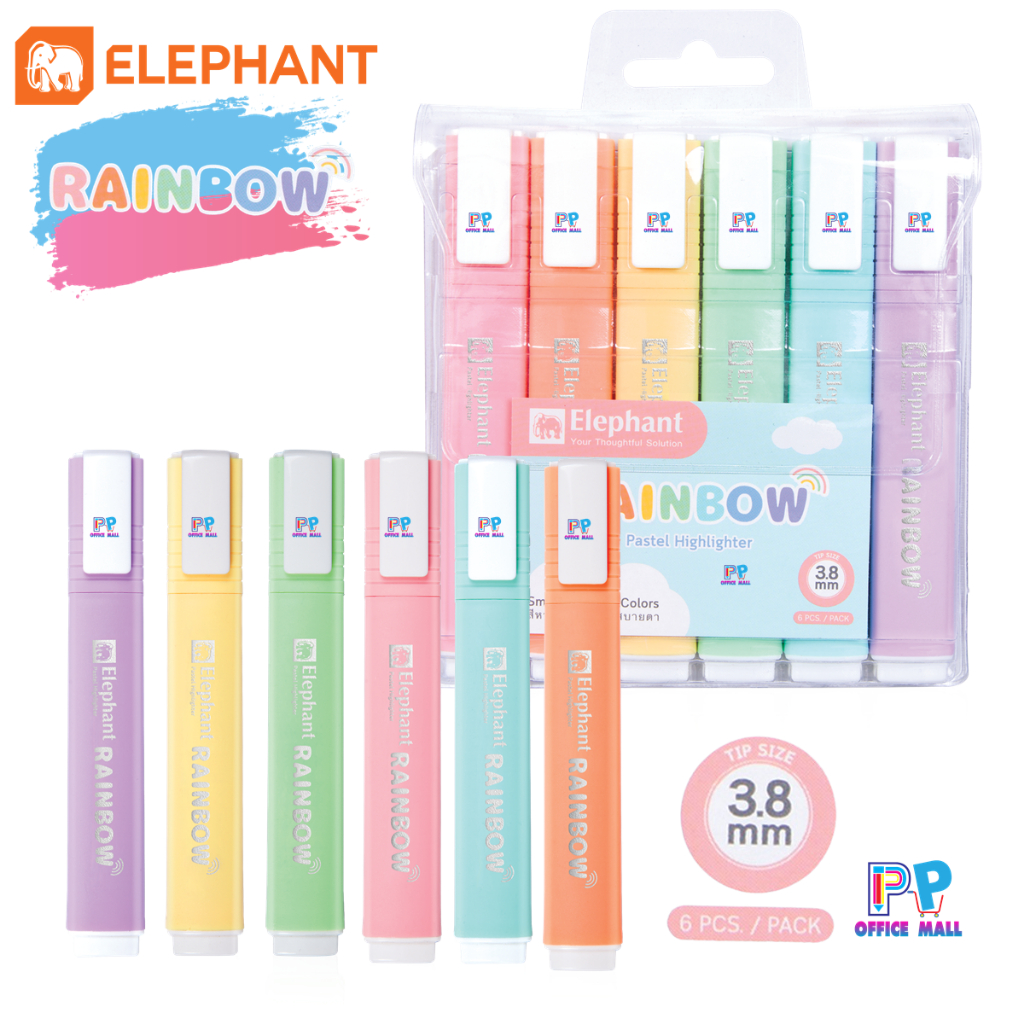 🌸ปากกาเน้นข้อความ Highlighter ตราช้าง Elephant รุ่น Rainbow สีพาสเทล (แพค 6 สี)