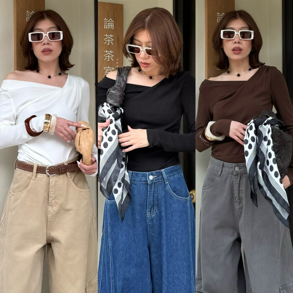 ส่งด่วน 🛵 #2897 STUDIOX2 OFF SHOULDER TOP เสื้อแขนยาวไหล่ปาด เนื้อผ้ายืดสเปนเดกซ์เนื้อนุ่มๆ