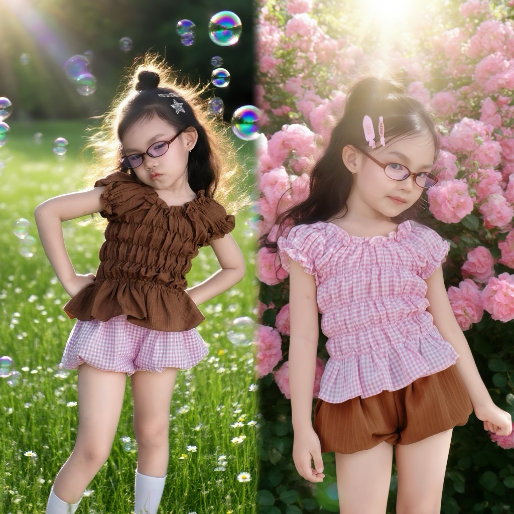 ชุดน้ำตาลชมพูหวานๆ 2ชิ้น สวยหวานซ้อนเปรี้ยว เสื้อและกางเกงบอลลูน