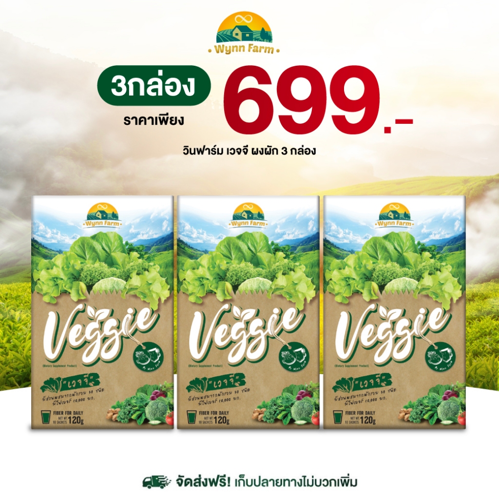 Veggie เวจจี้ พี่วิลลี่พี่หอย ผงผักรวม 30 ชนิด ช่วยขับถ่ายปรับสมดุลลำไส้ [3กล่อง] 30 ซอง