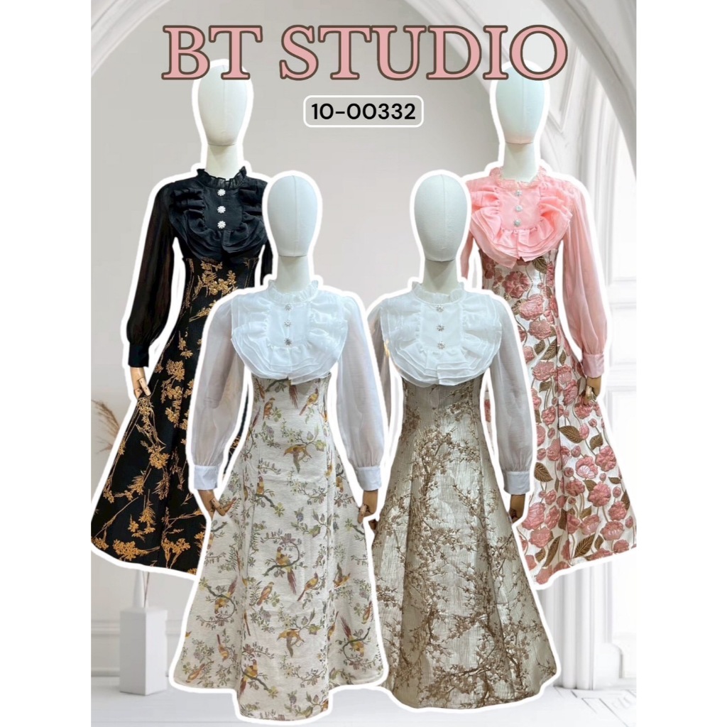 BT 10-00332 ชุดเซท 2 ชิ้น แขนยาว อกแต่งระบายกระดุมหลอก กระโปรงยาวงานผ้าพิมพ์ลาย ใส่ออกงาน ทำงาน งานพิธีต่างๆ