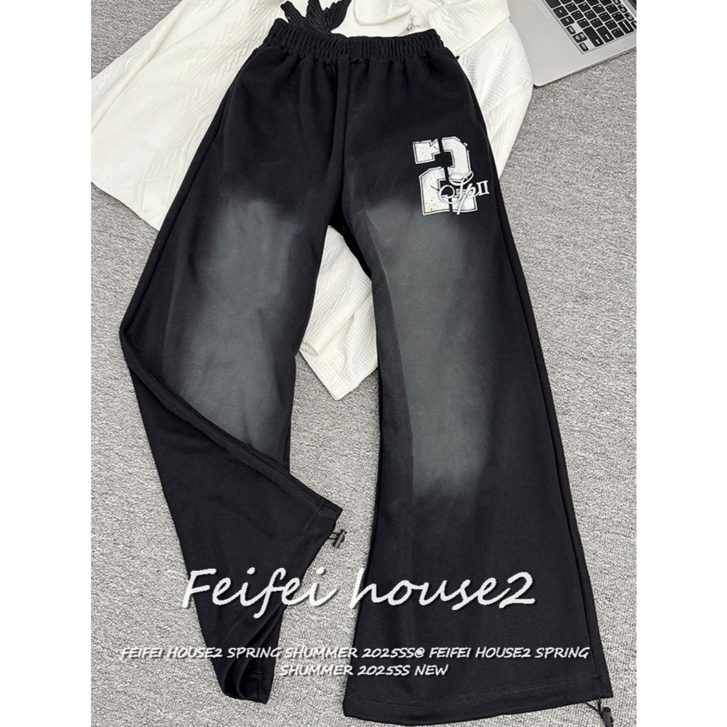 [Alphanumeric Printed Wide-Leg Pants]กางเกงขากว้างไล่เฉดสีสไตล์แจ๊สแดนซ์อเมริกันสำหรับผู้หญิง