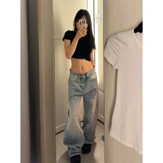 OOTD กางเกงยีนส์วินเทจสไตล์เกาหลีสำหรับผู้หญิง ดีไซน์หลวมขาบานแมทช์ได้ทุกสไตล์รูปทรงกล้วย