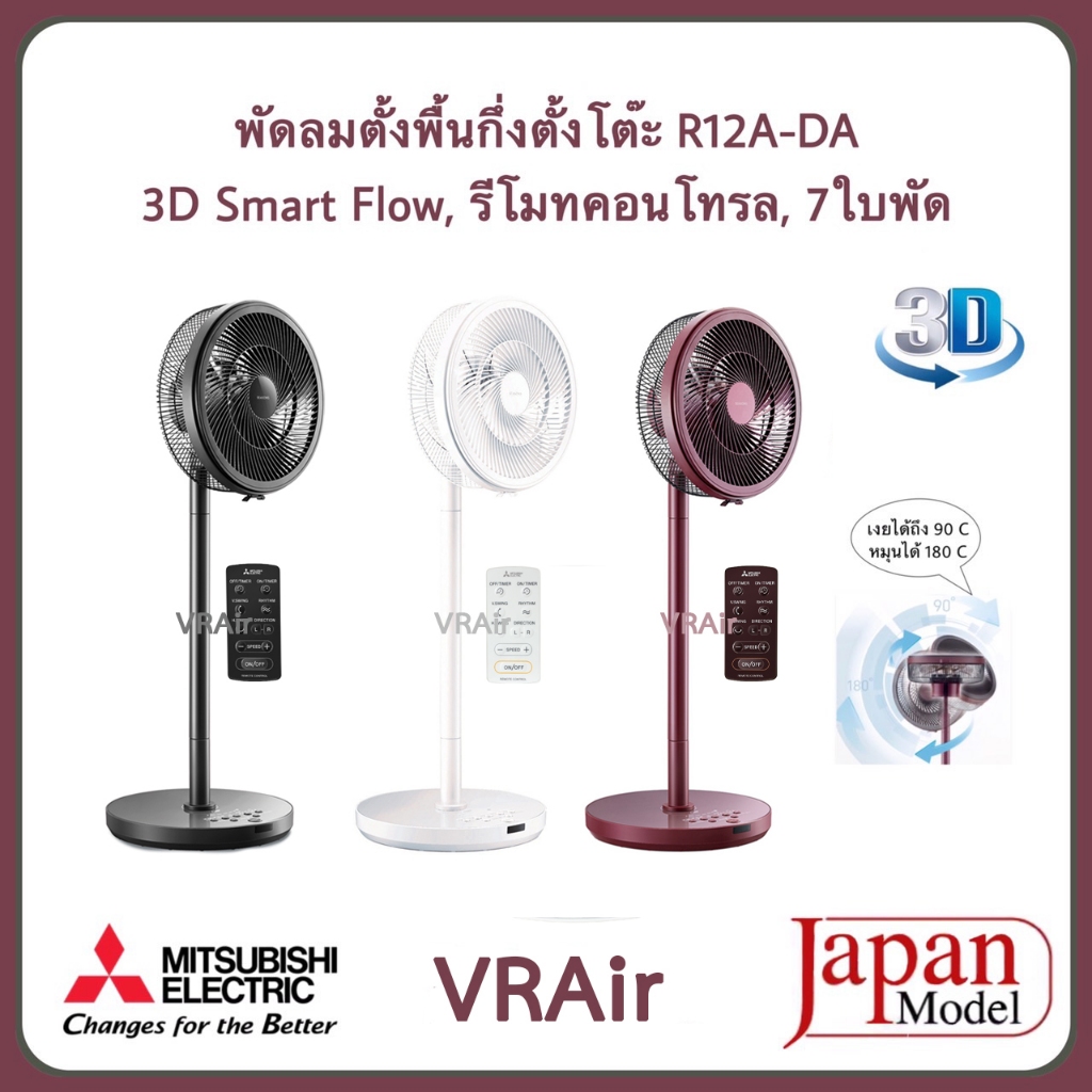 พัดลมตั้งพื้นกึ่งตั้งโต๊ะ Mitsubishi รุ่น R12A-DA ขนาด 12 นิ้ว รีโมท หมุนได้รอบทิศทาง หันซ้ายขวา 180