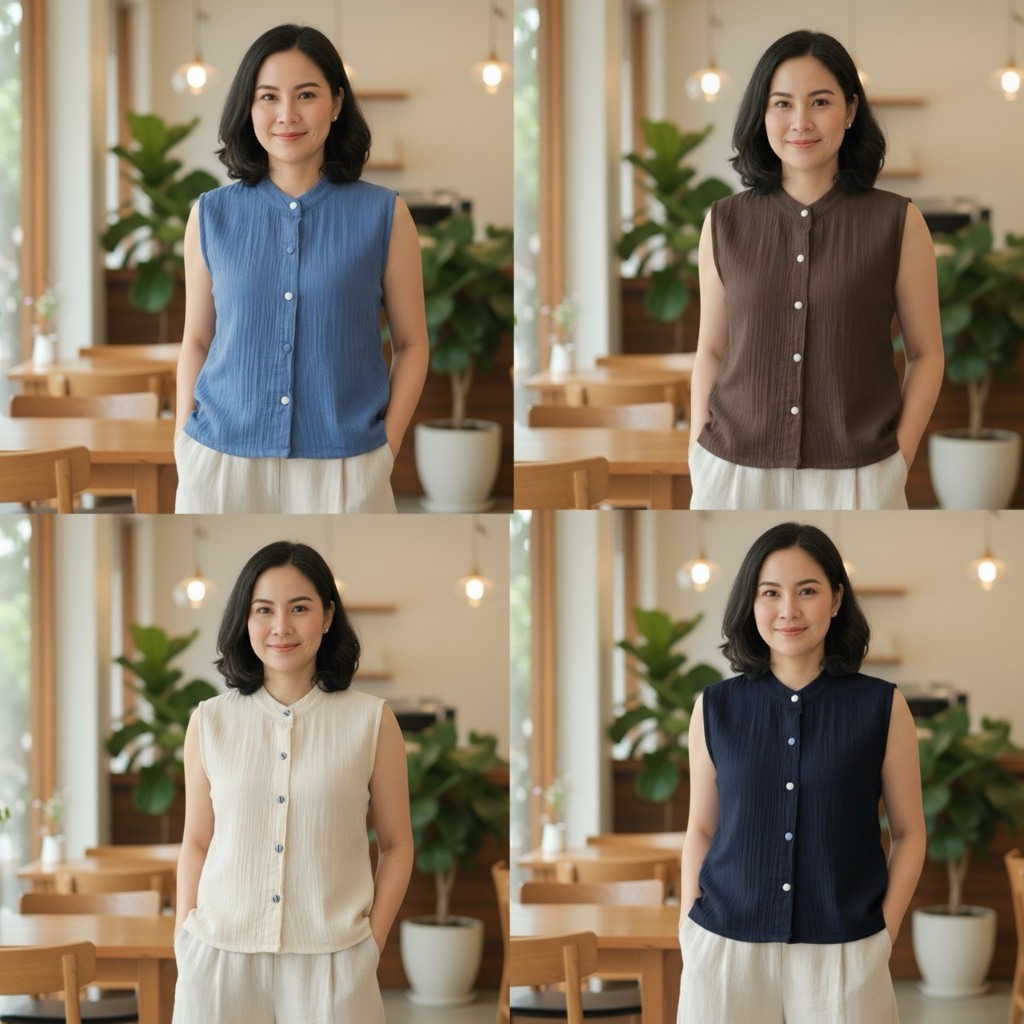 เสื้อคอจีน เสื้อผ้าสาลูแขนกุด ทรงปล่อย กระดุมผ้าตัดเย็บจากผ้าฝ้ายสาลูสองชั้น เนื้อนุ่มใส่สบายไม่ร้อน
