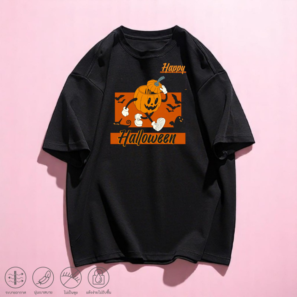เสื้อยืดฮาโลวีนเสื้อฟักทอง เสื้อแม่มด เสื้อสยองขวัญ เสื้อยืดแขนสั้น คอกลมทรงโอเวอร์ไซส์ ลายกราฟิกแฟช
