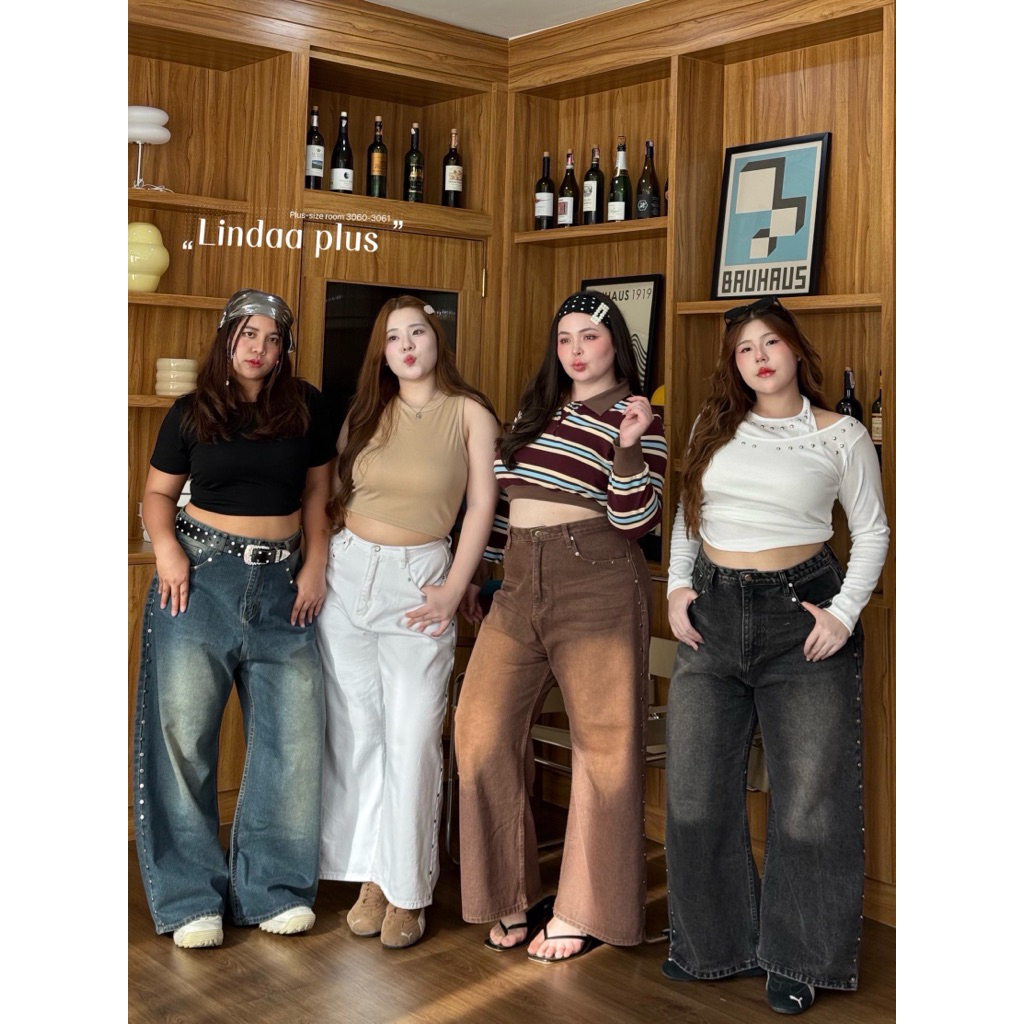 LindaaPlus-- กางเกงยีนส์ขากระบอกใหญ่พิเศษ buggy jeans ตรอกหมุดแถบข้าง สำหรับสาวอวบอ้วนโดยเฉพาะ