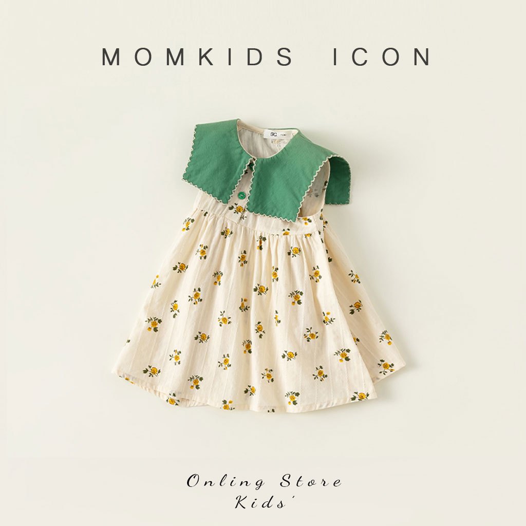 Mom Kids🌸พร้อมส่ง🌸ชุดเดรสลายดอกไม้ น' ารักสำหรับเด็ คอพับขนาดใหญ่สีเขียว แต่งกระดุม ชุดเดรสชายหาด