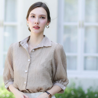 Gem top : Taupe (น้ำตาล)เสื้อสีสุภาพ เสื้อเชิ้ตผู้หญิงสีน้ำต…