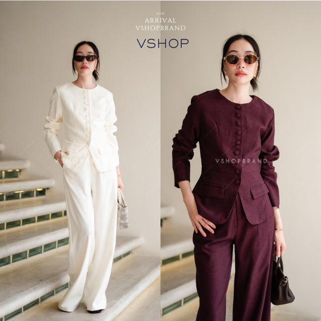 พร้อมส่ง Set เสื้อแขนยาวทรงสูทกระดุมหน้า+กก.ขายาว งานป้ายvshopbrand