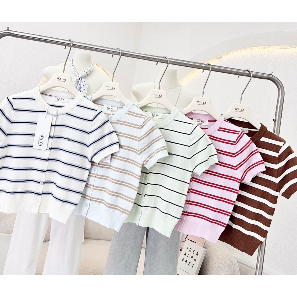 งานป้ายWAYAเสื้อไหมพรมแขนสั้นกระดุมหน้าลายริ้ว