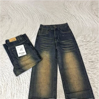 กางเกงยีนส์ขาตรงเอวสูง สไตล์วินเทจ Y2K สำหรับผู้หญิง ป้ายVintage ผ้าไม่ยืด เอฟเฟกต์กระชับสัดส่วน#32677