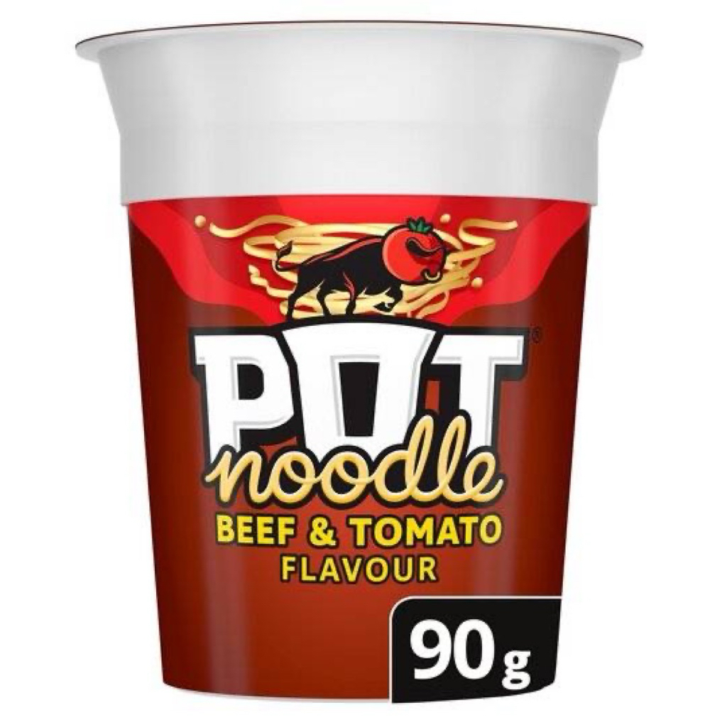 Pot Noodle Beef & Tomato Flavour 90g-บะหมี่กึ่งสำเร็จรูปถ้วยรสเนื้อและมะเขือเทศ 90กรัม.