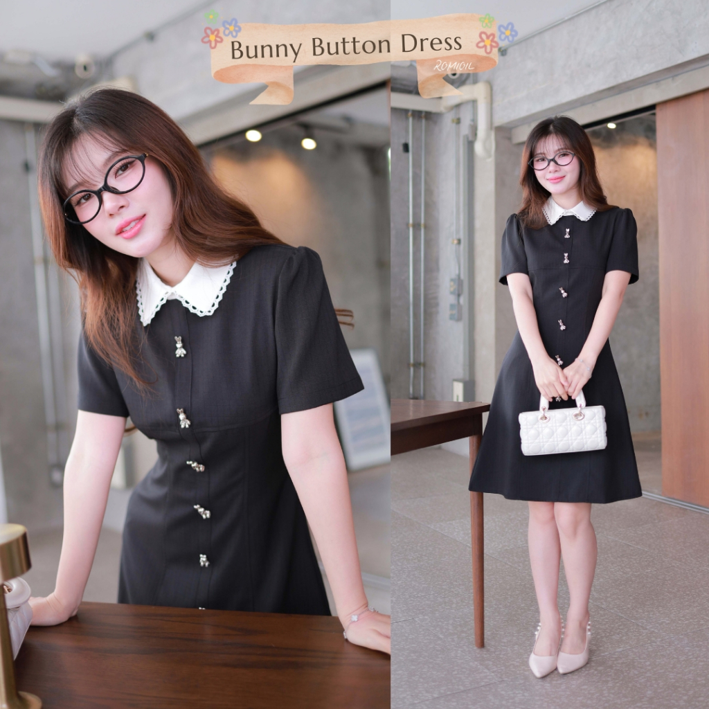 "Romi"Oil" Bunny Button Dress (Black) K297 ชุดเดรสสีดำ(คอปกขาวแต่งกระดุมกระต่าย)(ไม่แนะนำให้แช่ผ้านะจ้า)