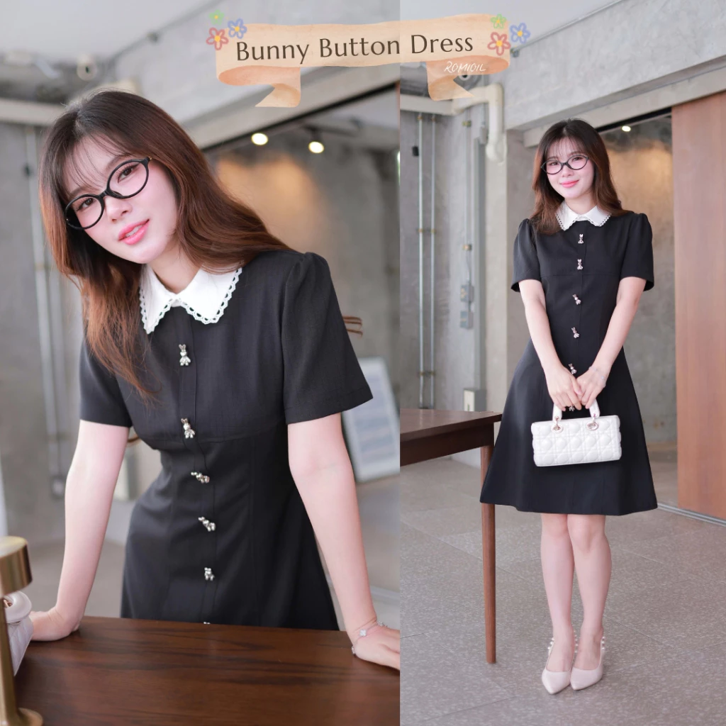"Romi"Oil" Bunny Button Dress (Black) K297 ชุดเดรสสีดำ(คอปกขาวแต่งกระดุมกระต่าย)(ไม่แนะนำให้แช่ผ้านะจ้า)