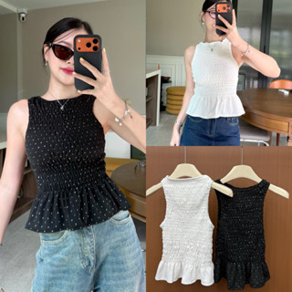 M28- เสื้อแขนกุดสม็อคทั้งตัว ผ้าลายกลิตเตอร์ดีไซน์จับระบายตร…