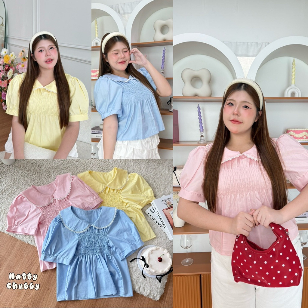 /NT/ เสื้อคอบัวแต่งลูกไม้ สาวอวบ ไซส์อก38-50 สม็อคอกด้านหน้า สีสวยสดใส น่ารักมาก #เสื้อไซส์ใหญ่ พลัสไซส์