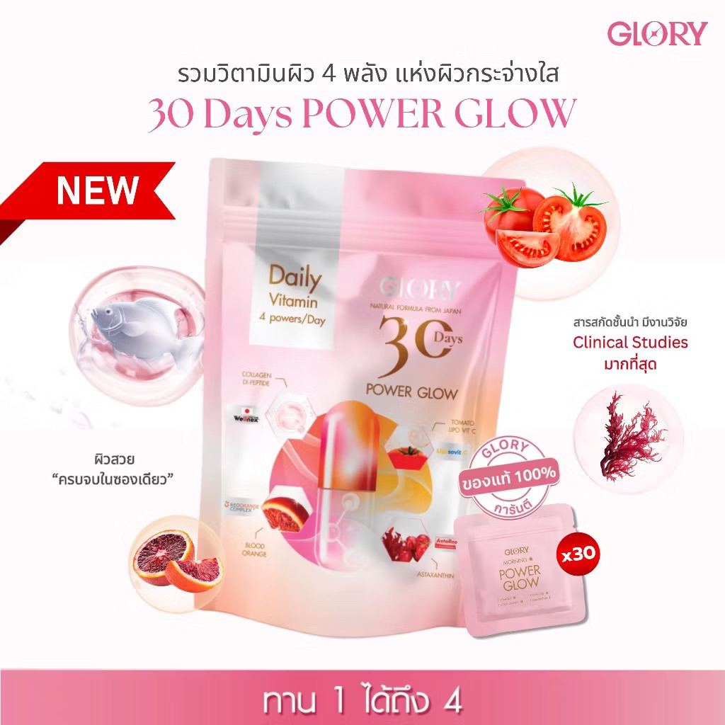 ใหม่ ! GLORY 30 Days Power Glow วิตามินผิว 4 สูตร กลอรี่วิตามินดริปผิว + แอสต้าแซนธิน + คอลลาเจน + ว