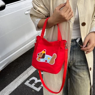 fashion.shop502 กระเป๋าสะพายข้าง กระเป๋าถือผ้า แคนวาส สีสดใส ลายสุนัข ขนาดพกพาง่าย มีบริการส่งด่วน Z-018