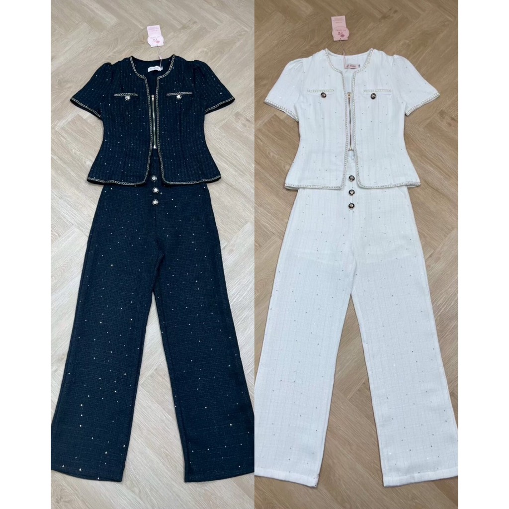 BT 09-9622 เซท 2 ชิ้น เสื้อแขนสั้น กระเป๋าด้านหน้า แต่งซิปด้านหน้า มาพร้อมกางเกงขายาว ใส่ทำงาน ออกงาน