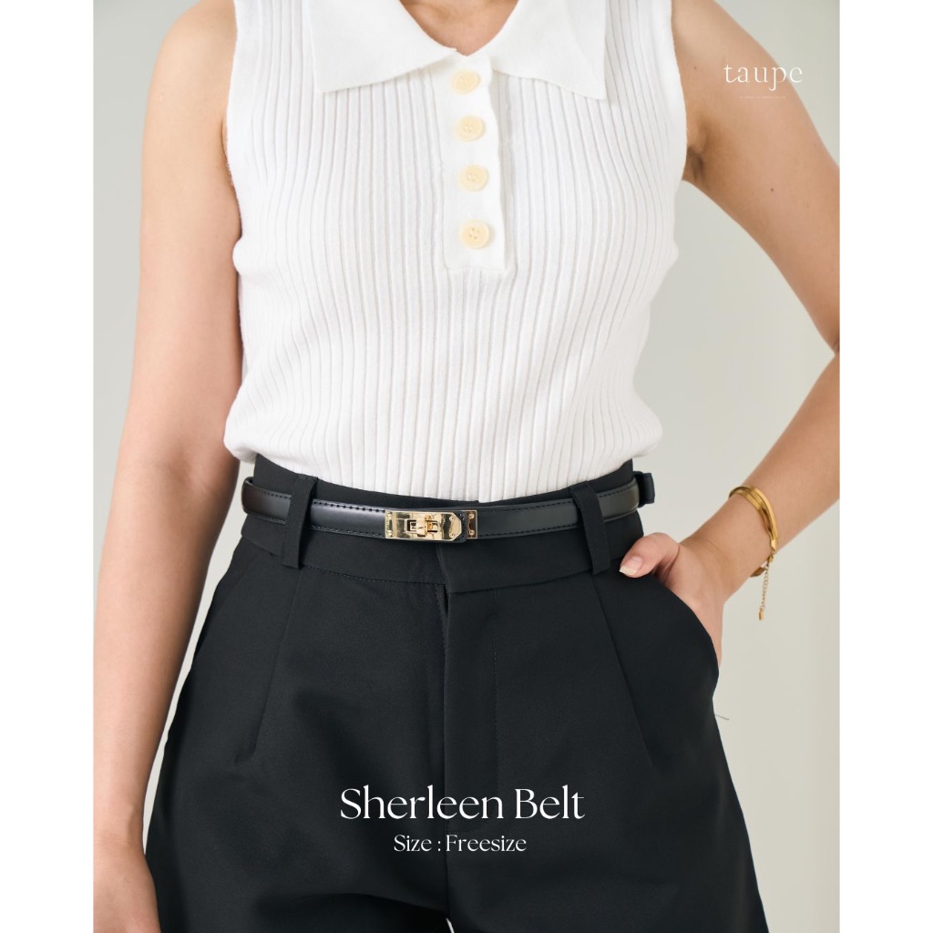 Taupe Brand - Sherleen Belt เข็มขัดหนังวัวแท้ ดีไซน์เกาหลี เส้นบาง เรียบหรู ตกแต่งหัวเข็มขัดอะไหล่ทอง ปรับขนาดตามเอว