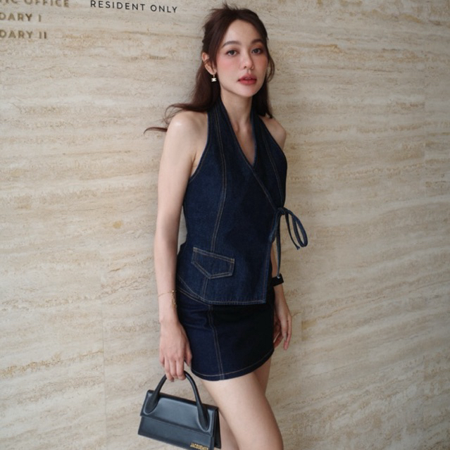 MOTTOM - JANIS Halter Neck Wrap Front Denim Waistcoat Top