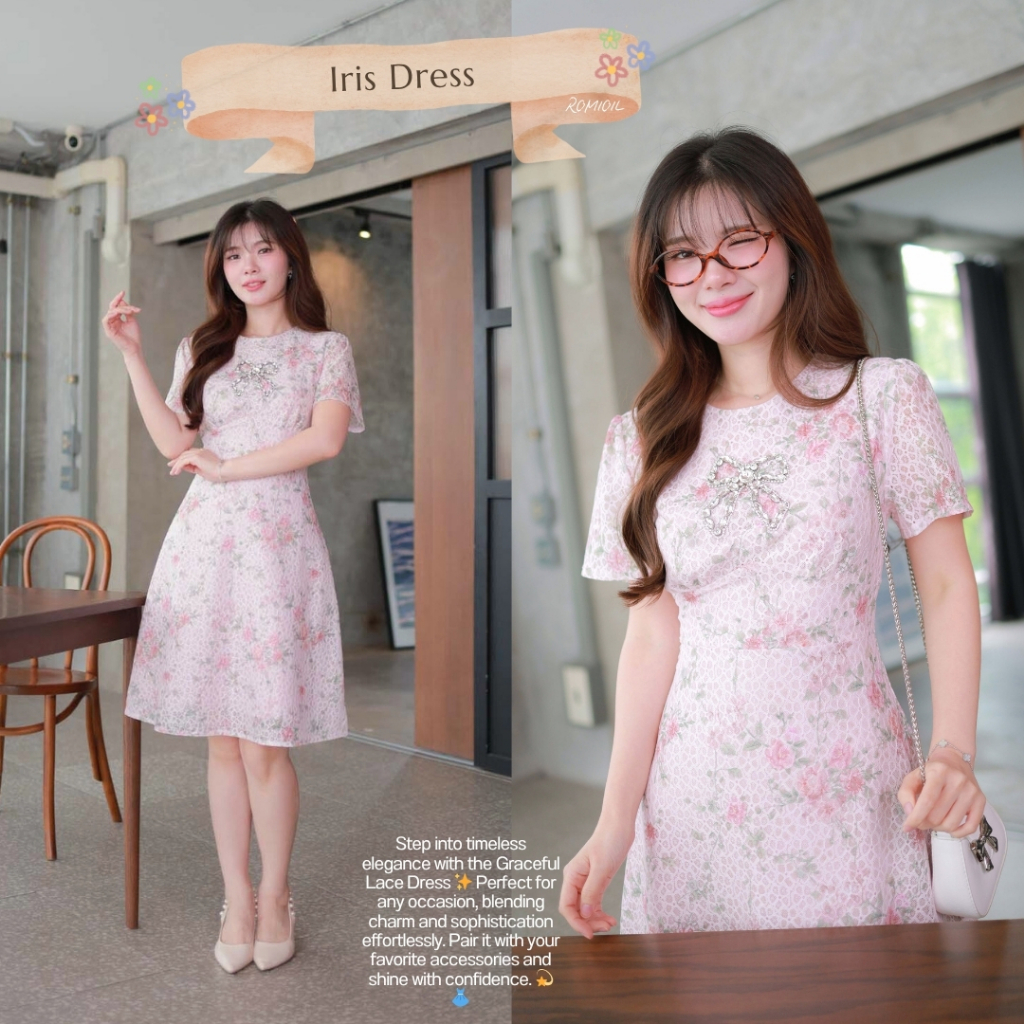"Romi"Oil" Iris Dress (Pink) K309 ชุดเดรสสีชมพู (ผ้าลูกไม้แต่งโบว์เพชรที่อก)