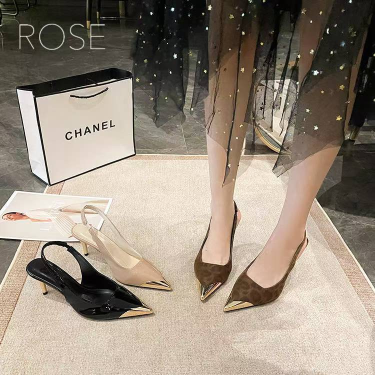 ROSEรองเท้าส้นสูงส้นเข็มลายเสือดาวหัวแหลมสไตล์ฝรั่งเศสเซ็กซี่สำหรับผู้หญิง 7cm