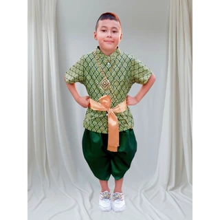 ชุดไทยเด็ก พิมพ์ทองไม่มีลาย(เชิงหน้าผ้า) เสื้อ โจงกระเบน สายรัดเอว