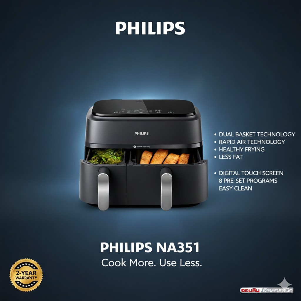 philips หม้อทอดไร้น้ำมัน 2 ลิ้นชัก รุ่น NA351 จุ9 ลิตร ลดนำ้มัน 90%