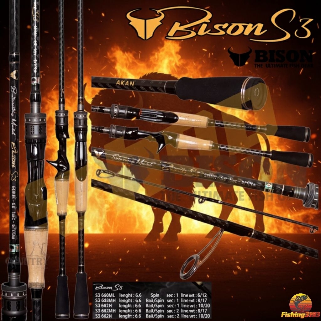 คันเบ็ดกระทิงดำใหม่ BISON S3 คัน 2ท่อน เบส 10-20 สปินนิ่ง 10-20