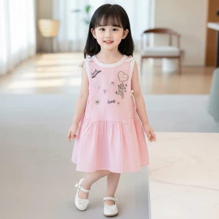 Babyonline (Y558)H3-4 (ส่งด่วน1วัน) ชุดกระโปรงผ้าโปโลสำหรับเด็กผู้หญิงปักลายการ์ตูนสุดน่ารัก