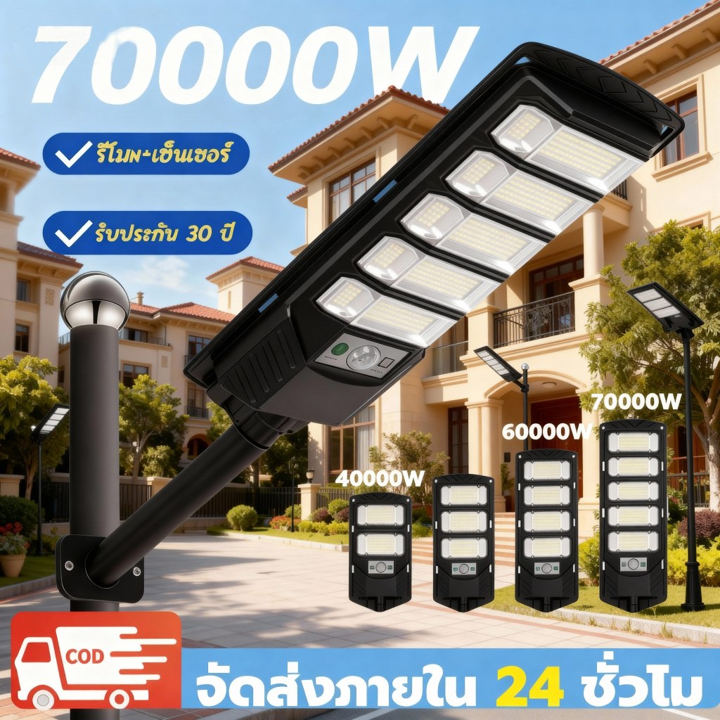 【ซื้อ 1 แถม 1】ไฟโซล่าเซลล์ 70000W LED โซล่าเซลล์ ไฟถนน ไฟโซล่า กันน้ำ กันฝุ่น สว่างขึ้นโดยอัตโนมัตตอนกลางคืน
