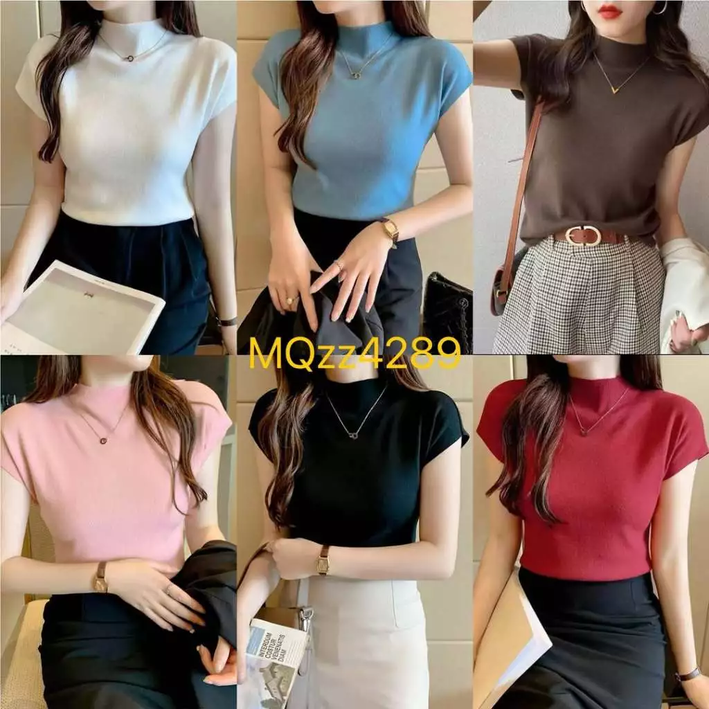 MQzz4289 💓พร้อมส่ง เสื้อทำงานแขนสั้นแบบใหม่ คอสูง ผ้าไหมพรม นุ่มนิ่ม ใส่สบาย ยืดได้เยอะ สาวอวบใส่ได้ Free Size