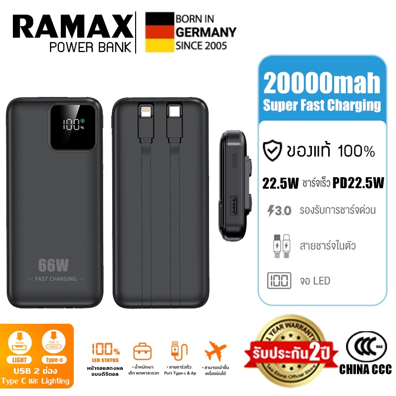 【China CCC】ของแท้100% Ramax แบตสำรอง 20000mAh 66W fast charge ความจุสูง LED มีสายชาร์จในตัว แบตสำร พ