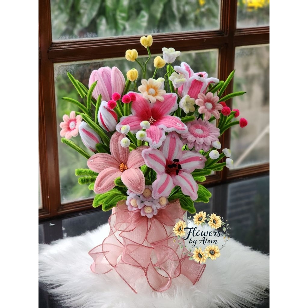 🪴กระถางลวดกำมะหยี่ 🌸🌷💐🌺☘️🌿กระถางดอกลิลลี่สีชมพู มีให้เลือก 2 แบบ (แบบรับกล่อง และแบบไม่รับกล่อง)