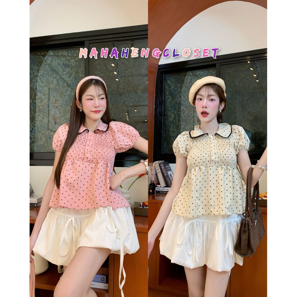💰MahahengCloset💰เสื้อคอบัวลายจุดแขนตุ๊กตา สม็อครอบตัวชายระบาย ลุคหวานนุ่มละมุน💕