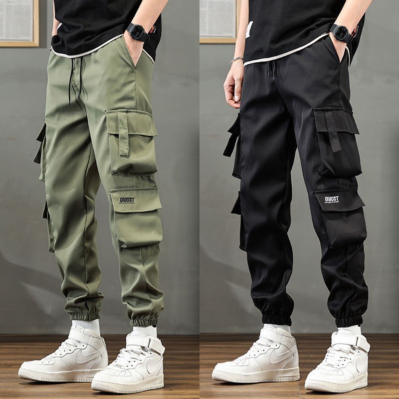 พร้อมส่งจากไทย✨กางเกงชาย กางเกงลำลอง กางเกงเอี๊ยมแฟชั่นสไตล์เกาหลี ทรงหลวม หลายกระเป๋า เอวยางยืด ไซส์ ใหญ่ #K46