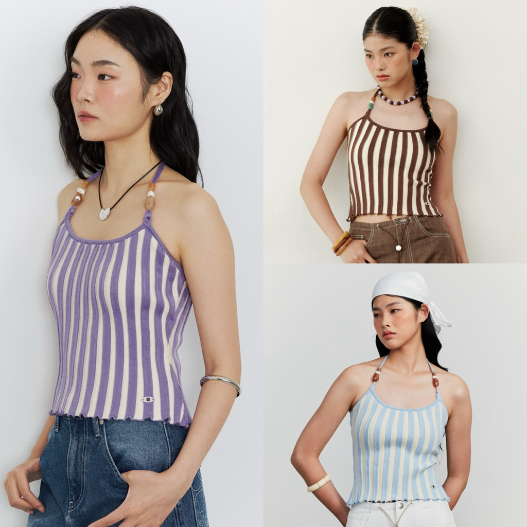 Pebble Halter Top [พร้อมส่ง] เสื้อคล้องคอไหมพรม  แต่งลูกปัดหิน