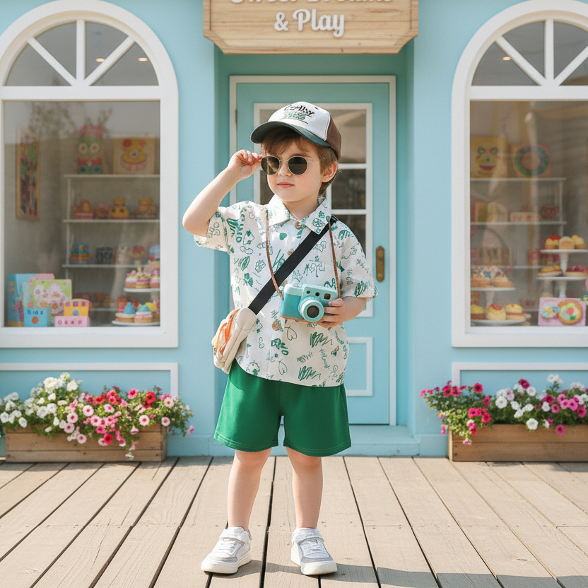 Babyonline(Y351)H4 (ส่งด่วน1วัน)ชุดเซ็ตเสื้อคอปกกางเกงขาสั้นลายสุดเท่สำหรับเด็กผู้ชาย ผ้าฝ้าย ระบายอากาศ